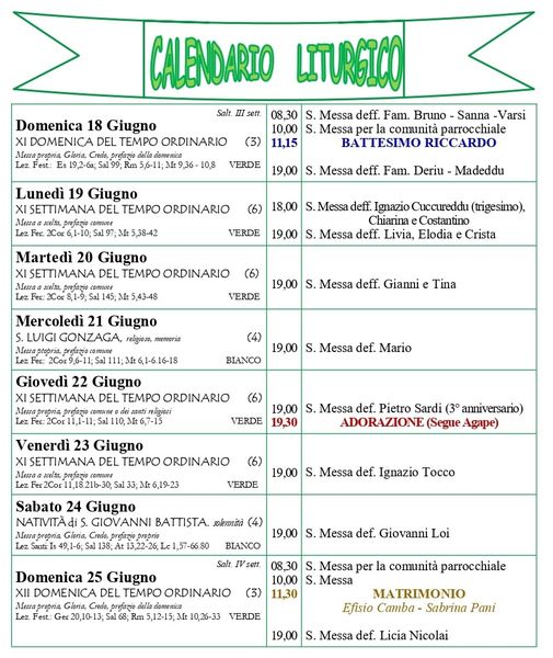 Calendario liturgico 18-25 Giugno 2023