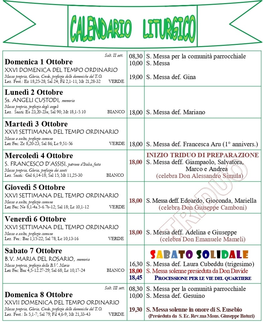 Calendario liturgico 1-8 Ottobre 2023