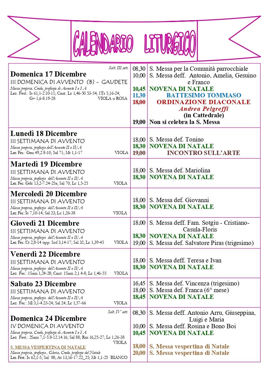 Calendario liturgico 17-24 dicembre 2023