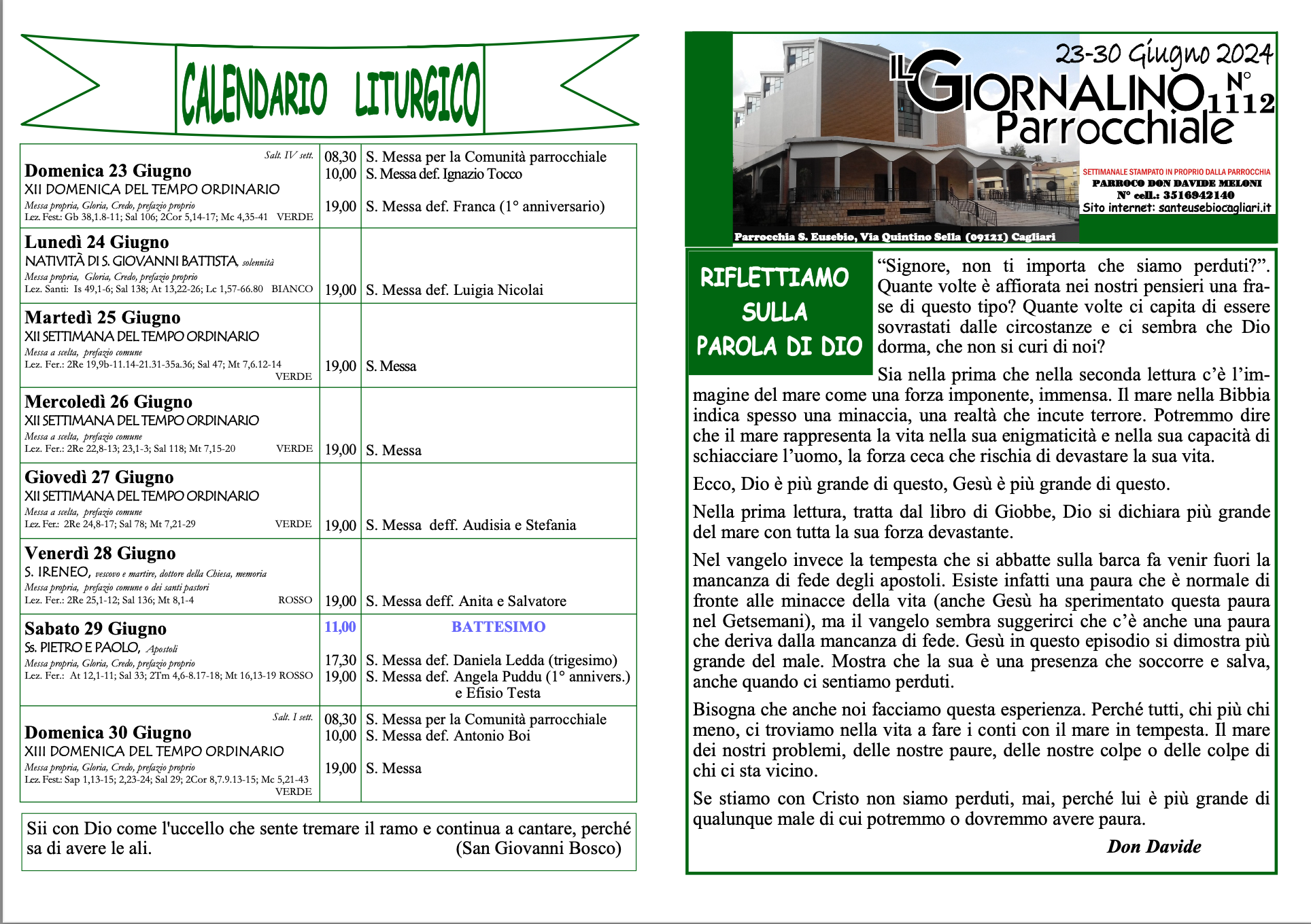 Calendario liturgico e giornalino parrocchiale 23-30 giugno 2024