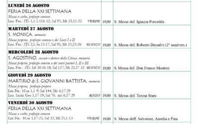 Calendario liturgico 25 agosto – 1 settembre 2024