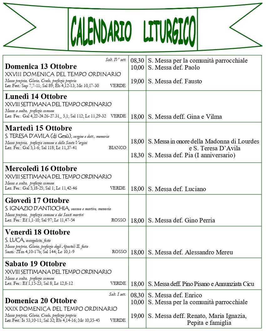 Calendario liturgico e giornalino parrocchiale 13-20 Ottobre 2024