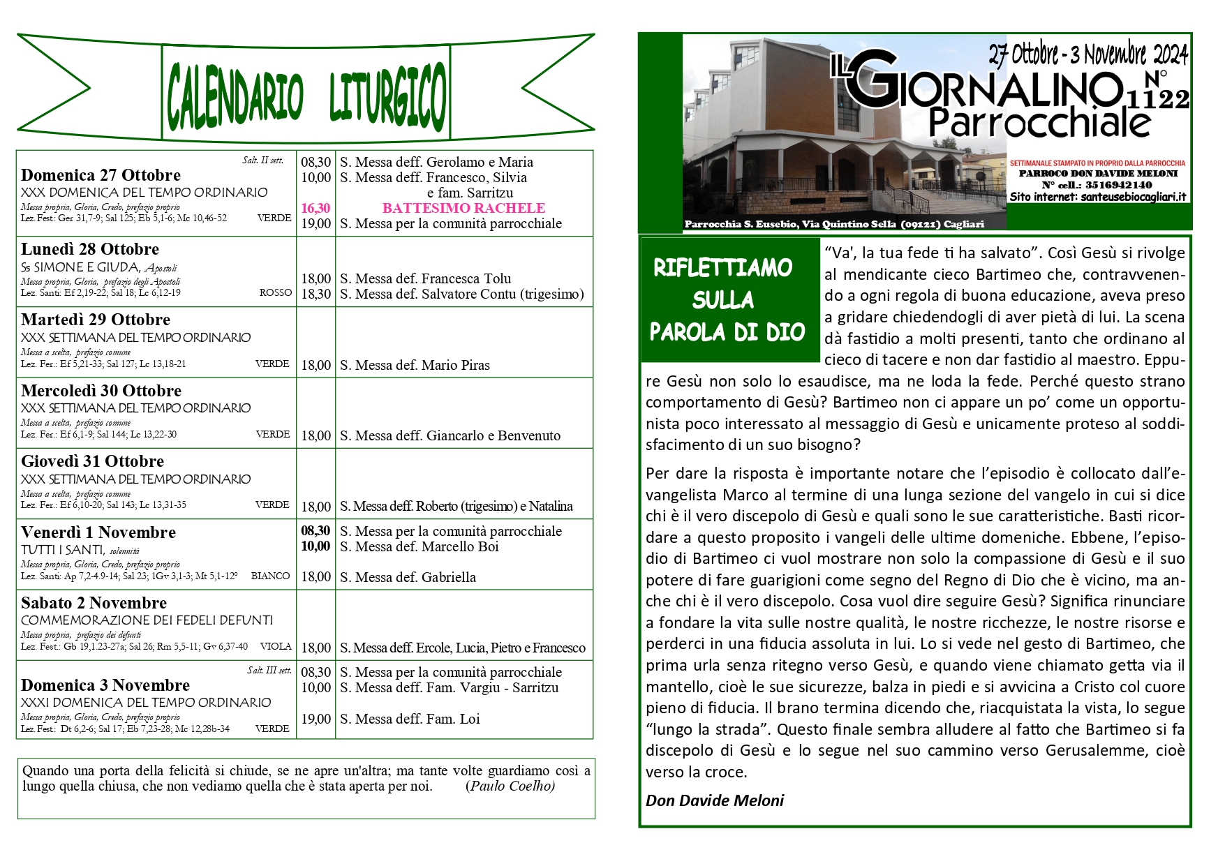 Calendario liturgico e giornalino parrocchiale 27 ottobre – 3 novembre