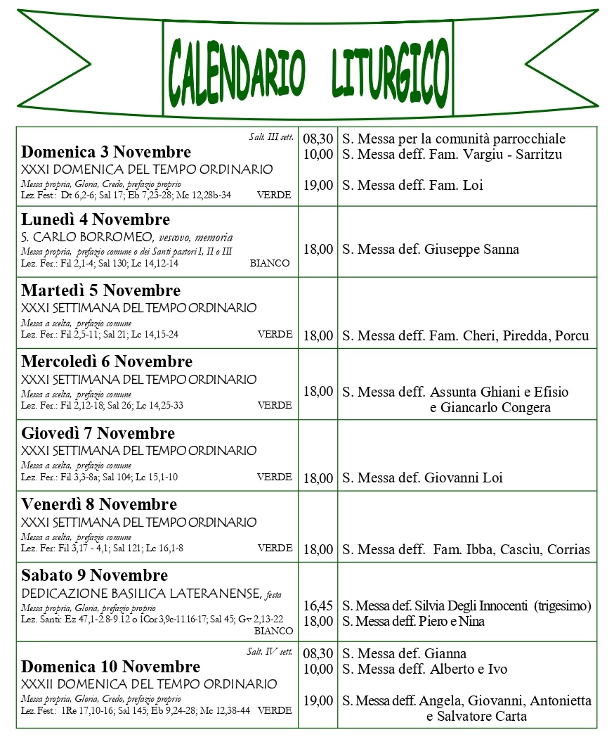 Calendario liturgico e giornalino parrocchiale 3-10 novembre 2024