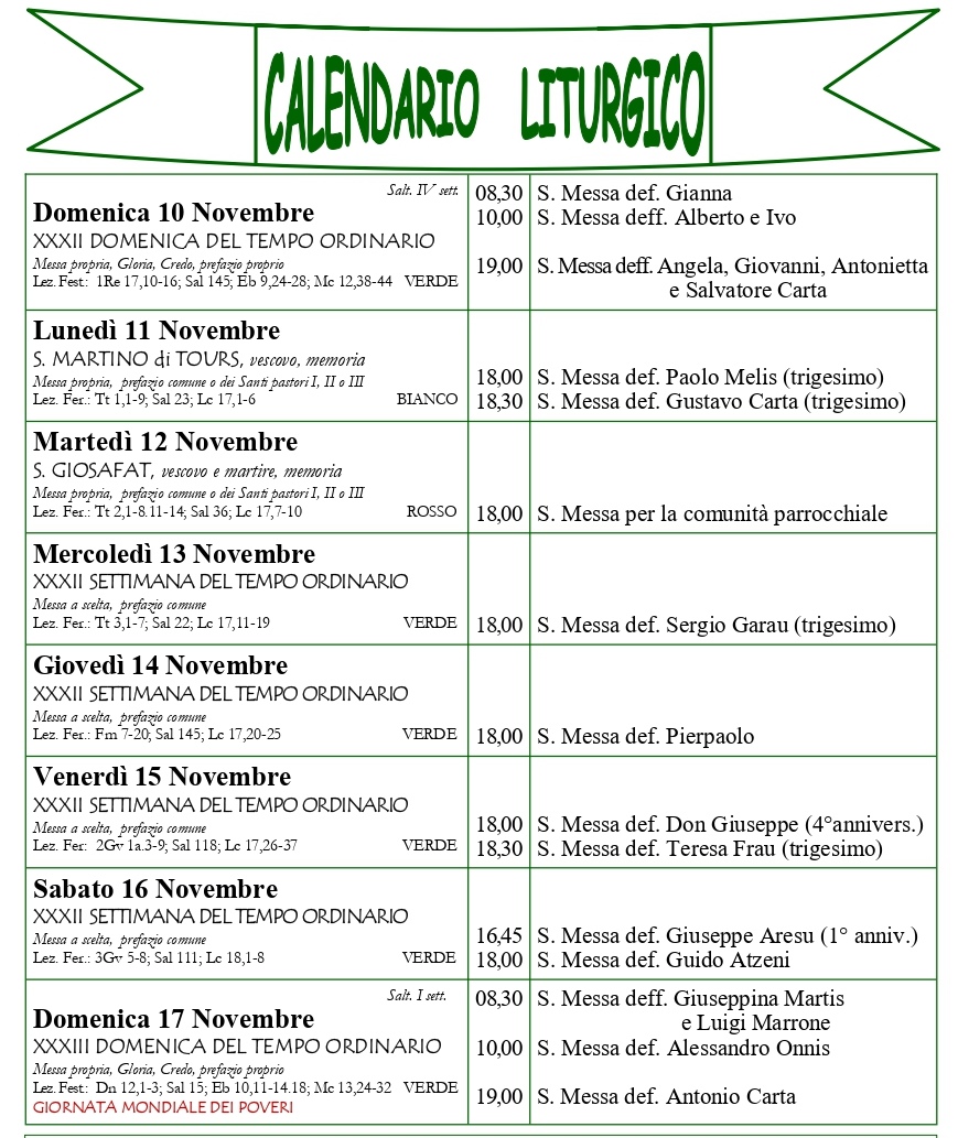 Calendario liturgico e giornalino parrocchiale 10 – 17 novembre 2024